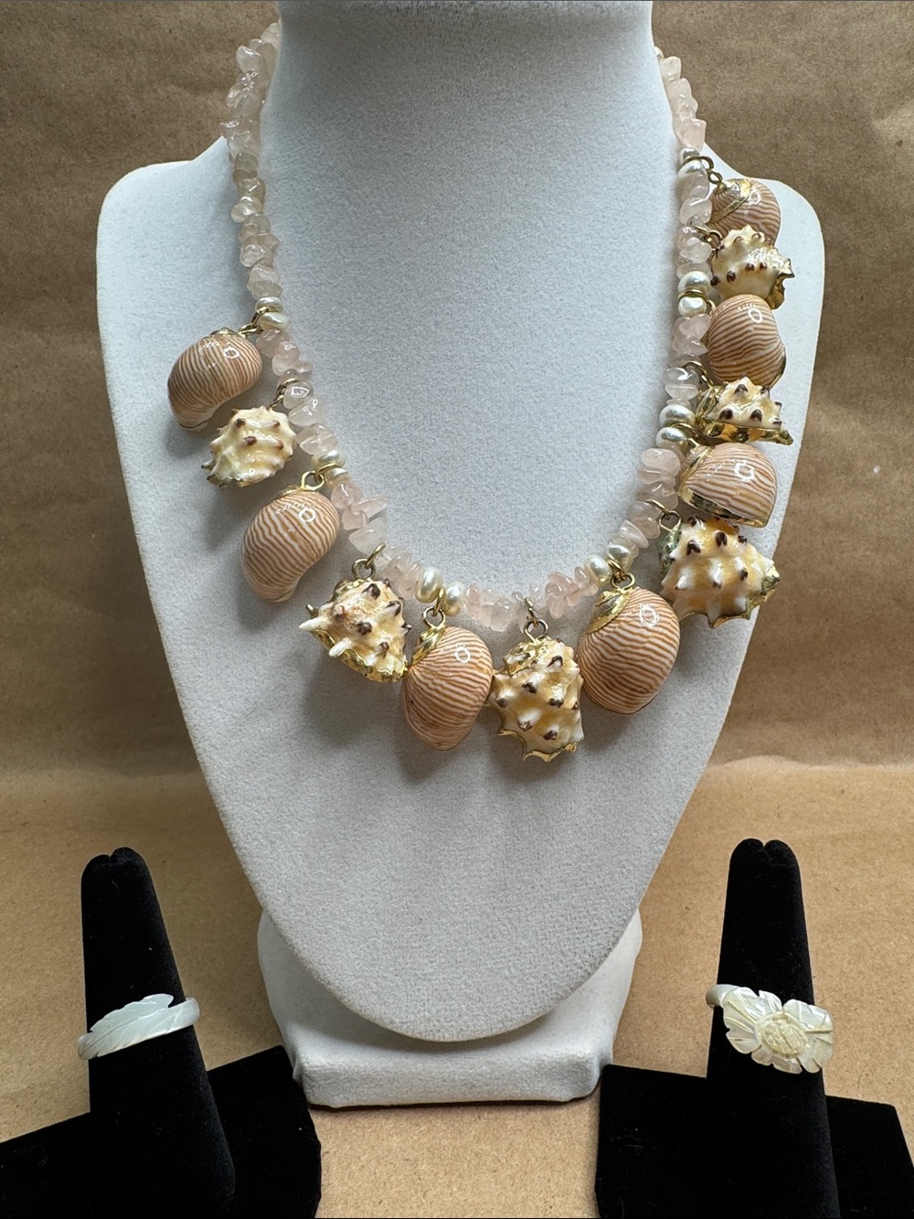 Rose Quartz and Peach Shell Charm Necklace - Women Jewelry With 2 Shell Rings